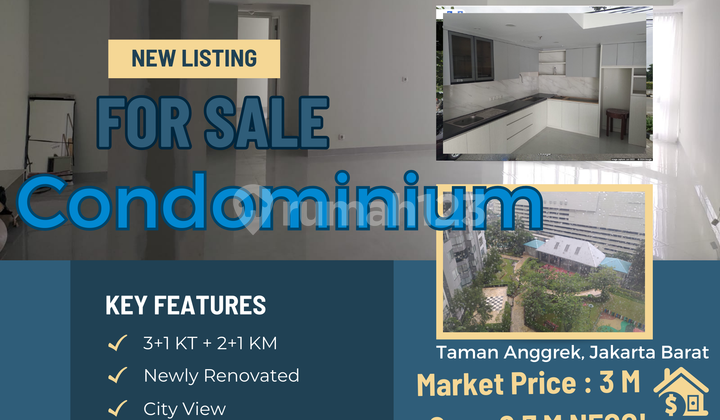 Jual Cepet Harga Paling Murah di Market !! Harga Pasaran 6-5,5 M Jual Hanya di 2,7 M Nego !! Kondominium Taman Anggrek Newly Renovated Seluruh Unit Baru Saja Renovasi Seperti Unit Baru ! Tower 7. Nego Dikit !! - foto 1
