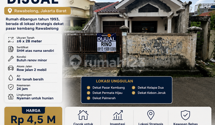 Jual Cepat,Nego Keras! Rumah Lama Siap Renovasi Lebar 6 Dekat Pasar Kembang Rawabelong Jakarta Barat - foto 1