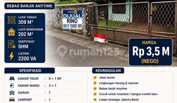 Jual Cepat,Nego Keras! Rumah Hitung Tanah Kebon Jeruk Jakarta Barat - foto 1