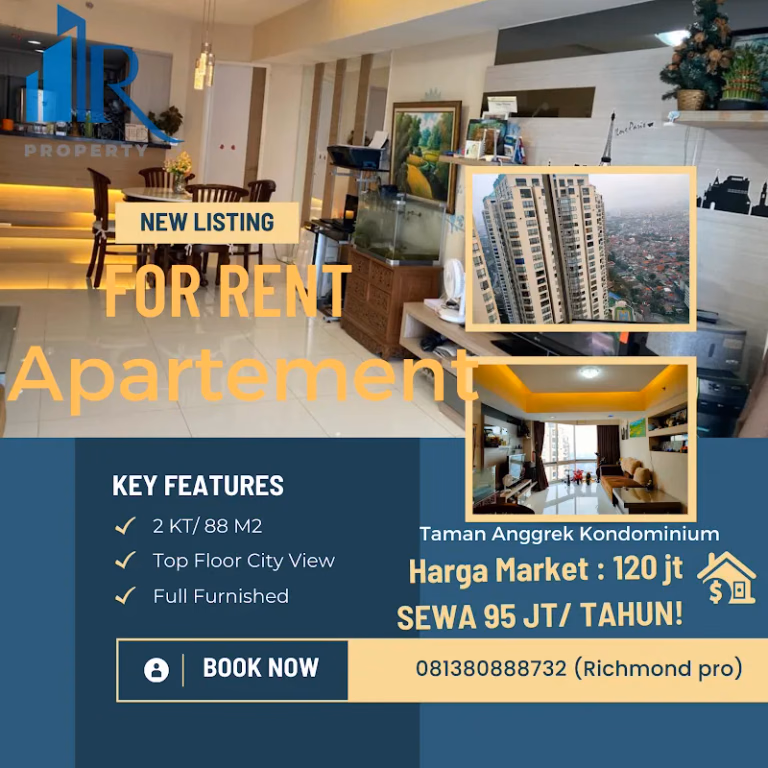 Apartemen Sewa 2BR 88m² Lt.15 Taman Anggrek Kondominium - Fully furnished di lantai 15 — siap huni, lokasi s #tak-15