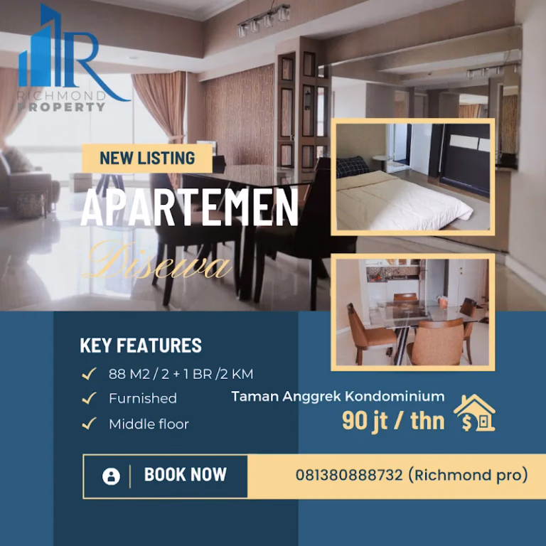 Apartemen Sewa 2BR 88m² Lt.15 Taman Anggrek Kondominium - Unit 2+1 kamar tidur di lantai 15 — harga sewa kom #tak-14